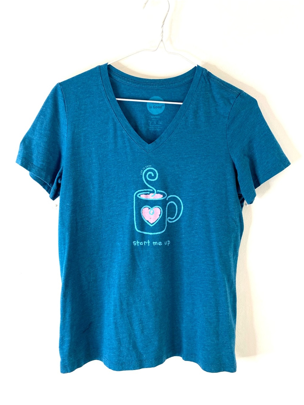 Life Is Good Start Me Up Coffee Heart Blue V Neck Graphic Tee